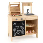 Costway Outdoor Mini Wooden Barbecue Grill Playset Pretend Play Kitchen Set Natural