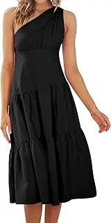 [KIRUNDO] Women's 2023 Summer Dresses One Shoulder Midi Dress Sleeveless Solid Color Ruffle Flowy Swing Tiered Casual Dress