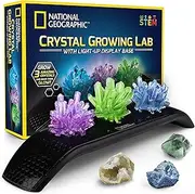 NATIONAL GEOGRAPHIC Crystal Growing Kit - 3 Vibrant Colored Crystals to Grow with Light-Up Display Stand & Guidebook, Includes 3 Real Gemstone Specimens Including a Geode & Green Fluorite