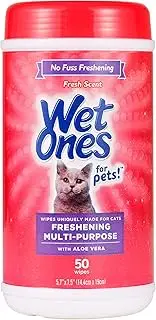 Wet Ones for Pets Freshening Multipurpose Wipes for Cats with Aloe Vera | Easy to Use Cat Cleaning Wipes, Freshening Cat Grooming Wipes for Pet Grooming in Fresh Scent | 50 ct Cannister Cat Wipes