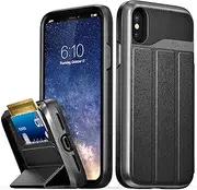 Vena Wallet Case Compatible with iPhone Xs and iPhone X, vCommute (Military Grade Drop Protection) Flip Leather Cover Card Slot Holder with Kickstand (Space Gray and Black)