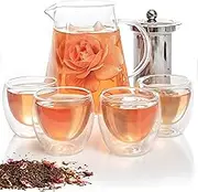 Mixpresso 5 Piece Glass Tea Pot Set, Kettle with Removable Infuser, Clear Glass Teapot 33oz with 4 Double Wall Cups 2.7oz Stovetop Safe Teapot for Loose Leaf Tea, Perfct As Tea Gift Sets.