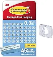 Command Indoor Mini Light Clips, Damage Free Hanging Light Clips with Adhesive Strips, No Tools Mini Wall Clips for Hanging Lights and Cables, 45 Clear Clips and 54 Command Strips