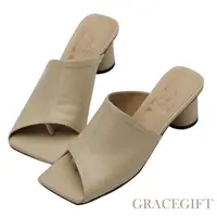 在飛比找momo購物網優惠-【Grace Gift】薛妞妞聯名-全真皮斜口圓跟拖鞋 台灣