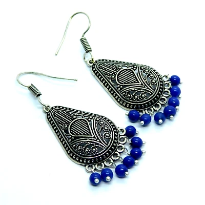 Bollywood Style Oxidized Silver Earrings Blue Beads Drop Dangle Jewelry Gift