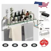 Extra-Thick Tempered Glass Shelf & Towel Rack with Rustproof Stainless Steel Bar