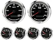 MOTOR METER RACING W PRO Series 6 Gauge Set - 110mm 4-3/8" GPS Speedometer & Tachometer 52mm 2-1/16" Volt, Fuel Level, Water Temperature & Oil Pressure Black Dial White LED - for Car, Boat & Truck