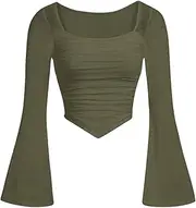 [Floerns] Girls Bell Long Sleeve Square Neck Asymmetrical Hem Mesh Ruched Crop Tops Tees