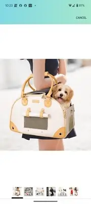 Johomviin Dog, Cat, Pet Carrier Premium PU Leather Dog Purse Creamy White-medium