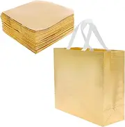 FwQoFvk 32 Pack Metallic Bling Bags Bulk Set, Versatile Space Saving Glossy Gold Party Bag Kit, Waterproof Bulk with Handles, Metallic Tote Bling Non Woven Bags for Present(golden,32 * 28 * 12cm)