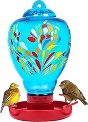 Colorful Glass Wild Bird Waterer 32 Oz Bird Water Feeder for Outdoors Garden Outside Water Cooler Tree Yard Decoration (Blue Flower)