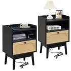 Lomojo Rattan Nightstand Set of 2, Bedside Table with Charging Station, Black2