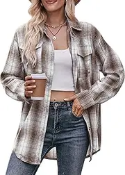 [KEOYA] Women's Long Sleeve Plaid Shirts Lapel Collar Blouses Button Down Shacket Shirt Flannel Shackets with Side Pockets