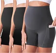 [POSHDIVAH] 3 Pack Maternity Biker Shorts Over The Belly Summer Comfy Pregnancy Yoga Active Workout Athletic Short Pants 5"/8"