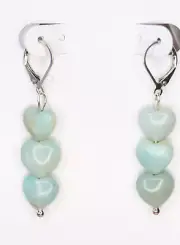 Amazonite Blue 11mm Heart Gemstone .925 Sterling Silver Leverback Earrings 1.75"