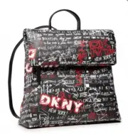 DKNY Tilly Backpack Fold Over New York Graffiti Logo Black Red Top Zip NWT