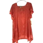ONE WORLD - WOMEN'S LARGE - ORANGE SHORT SLEEVE ROUND NECK TANK W/OVERLAY TOP