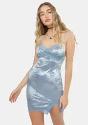 [Dolls Kill] Rose Flock Silver Blue Coti Mini Dress