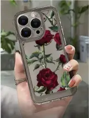 For iPhone 15 Clear Transparent Flower Rose Shockproof Black Bumper Case Cover