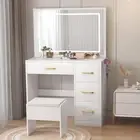 90cm Dressing Table LED Light Set with Charging Station+Drawers &Stool Set White