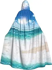 Blue Sky Tropical Seascape Print Elegant Hooded Cloak For Women Men For Cosplay Carnival Parties Masquerade Events, Black