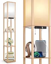 OUTON Floor Lamp with Shelves, LED Column Modern Floor Lamp with USB & Type C Port, 3 Color Temperature, Wooden Standing Lamp with White Linen Shade for Living Room, Bedroom, Office (Wood)