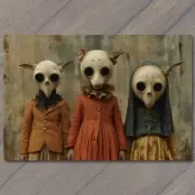 4x6" Weird Scary Children Halloween Cult Unusual Masks Wood Strange Dress