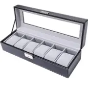 Watch Box Large 6 Men Black Pu Leather Display Glass Top Jewelry Case Organizer