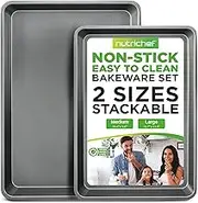 NutriChef 2-Piece Nonstick Cookie Sheet Baking Pan Set - Heavy Duty Bake Trays w/Smooth Non-Stick Coating PFOA, PFOS, & PTFE Free, 15" x 11" & 13" x 9" - Dishwasher Safe, Gray