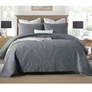 100% Cotton Cover Lightly Quilted Coverlet Set Royale Charcoal (Queen, King)