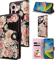 UEEBAI Wallet Case for iPhone 16, PU Leather Phone Cover Kickstand RFID Blocking Flip Case Card Slots Wrist Strap Relief Engraved Pattern Magnetic Closure Flower Folio Wallet, Black Rose