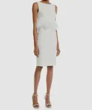 $575 Badgley Mischka Women's White Sleeveless Feathered Sheath Dress Size 10