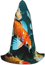 SKKNT Hd Japanese Koi Fish Print Halloween Hooded Cloak Full Length Cape With Hood For Men And Women For Carnival