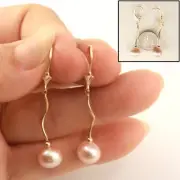 Solid 14k Yellow Gold Leverback Pink Pearl Dangle Earrings