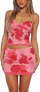 [LAPRBY] Women's Y2K Matching Mini Skirt Set Two Piece Outfits Mesh Sheer Crop Top and Bodycon Bow Skirt Summer Beach Set