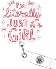 Celokiy Cute Retractable Badge Reel with 'I'm Literally Just a Girl' Design, Pink and White ID Card Holder Clip