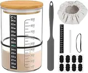 Sourdough Fermentation Jar Set 900ml Transparent Glass Sourdough Fermentation Container with Wooden Lid Temperature Stickers Rubber Bands Silicone Spatula Cloth Cover Labels and Pen