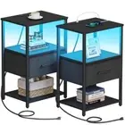 LED End Table with Charging Station, Bedside Table, Nightstand Black Plug&LED