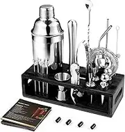 Mixology Bartender Kit Bar Set with Bamboo Stand, 28pcs 24oz Cocktail Shaker Set Cocktail Kit, Professional Stainless Steel Bar Tool Set, Black