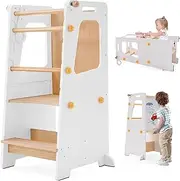 4 in 1 Toddler Kitchen Tower, Kids Kitchen Stool Helper, Standing Tower with Convertible Table and Chair, Toddler Step Stool with Adjustable-Height,Whiteboard and Safety Rail for Kitchen (White)