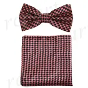 New In Box Men's houndstooth Pre-tied Bow Tie_Hankie Set Formal coral bridal