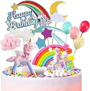 23Pcs Unicorn Cake Topper Kit, 2 Magic Unicorns Sculpture, 1 Rainbow, 1 Happy Birthday Banner, 2 Cloud, 4 Balloon, 12 Stars 1 Moon Happy Birthday Cake Decoration For Boy Girl Kid Women Birthday Party