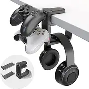 3 in 1 PC Gaming Headphone & Controller Holder, Headphones Hanger Adjustable Rotating Arm Clamp,Headphone Stand Under Desk, Universal Headset Controllers Hook with Cable Organizer-Black (Black)