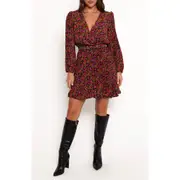 Petal & Pup Zephyr Floral Long Sleeve Minidress in Black Magenta at Nordstrom, Size Small