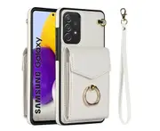 For Samsung Galaxy A52 5G Wallet Case with RFID Credit Cards Holder and Wrist Strap - White