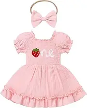 [ODASDO] Infant Baby Girls Half/First Birthday Cake Smash Outfit Short Sleeve Romper Dress with Bowknot Headband