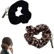 Black Leopard Scrunchie with Zipper Pocket Scrunchies Hair Tie for Women Large Scrunchy Hair Tie with Hidden Zipper Scrunchie Hair Ties Ponytail Holders for Women Elastic Stash Scrunchies 2Pcs