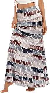 [Generic] Women's Boho Vintage Print Pockets Plus Size Side A Line Chiffon Skirt Summer Beach Pleated High Waisted Long Dress