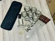 BBQ Skewer Set with Utensils, Bowls, Shot Glasses & Flask | Outdoor Grill Kit
