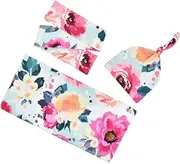 BESTonZON 3pc Baby Set Floral Printed Headband Hat Swaddle Blanket Newborn Turban Headwraps for Infants (Floral)